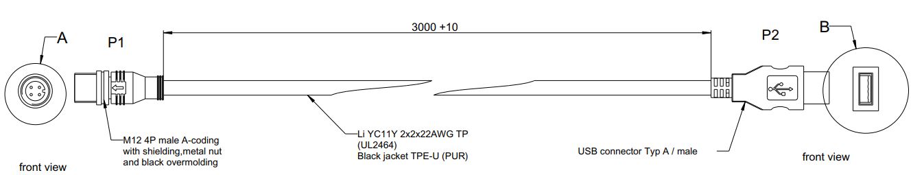 Kabel M12 Usb Męski Typ A 3M